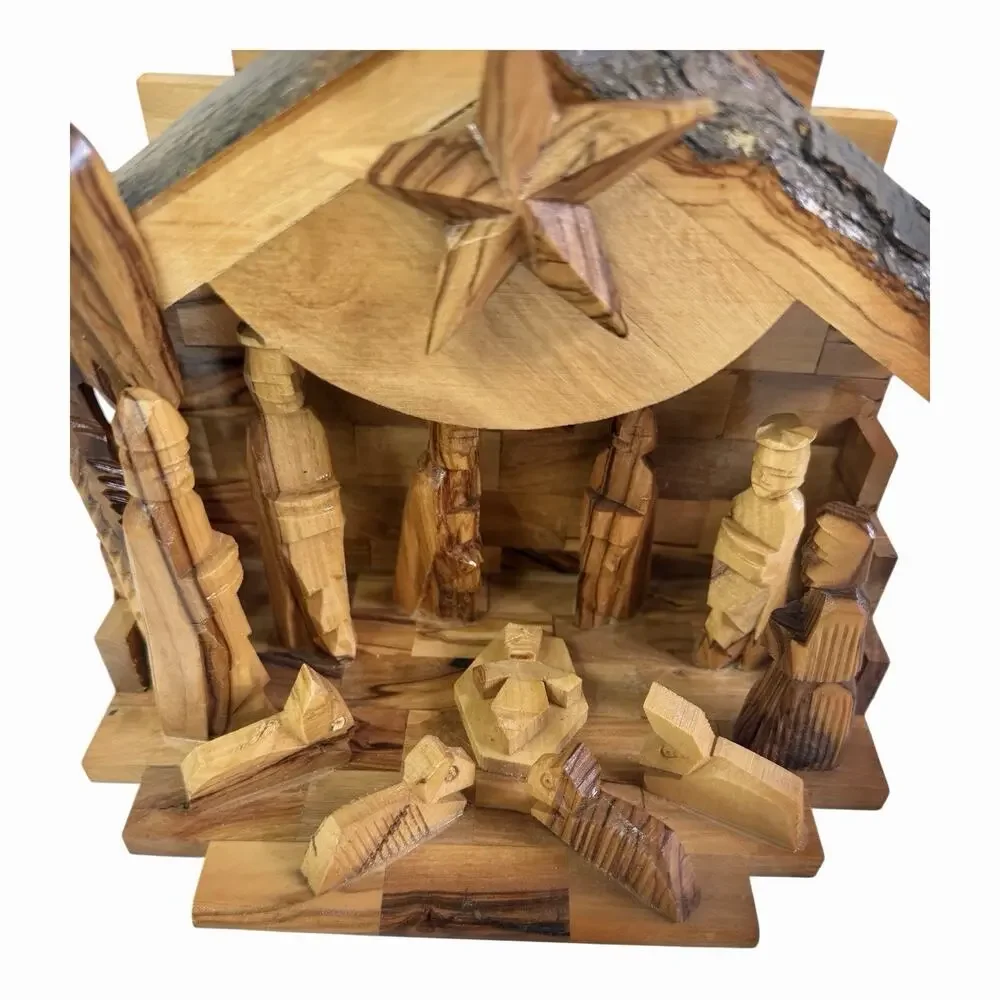 Nativity Hand Carved Olive Wood Crafted In Bethlehem MUSICAL Rotating Star